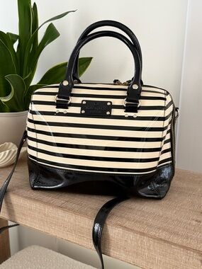 kate spade Black & Cream Striped Patent Satchel with Black Trim